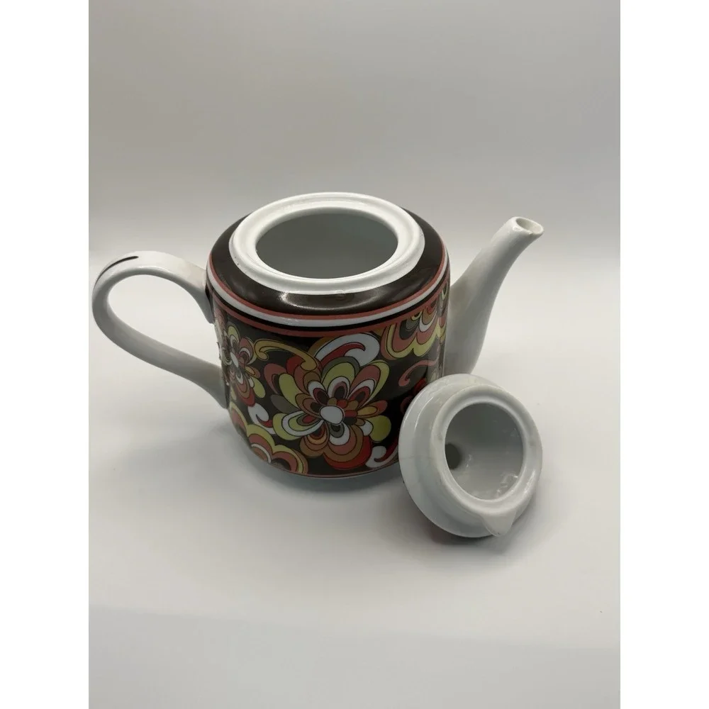Retired Vera Bradley Puccini Teapot Brown Yellow Retro Floral‎ Groovy Pot